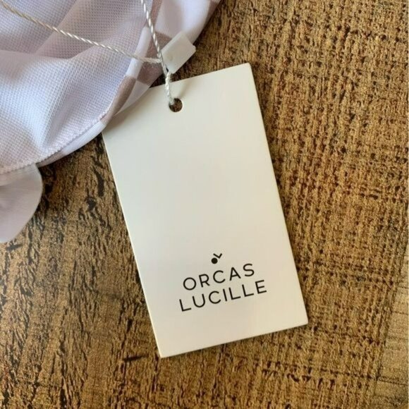 Orcas Lucille baby girls tan and white checkered swimsuit top with ruffle sleeve - Picture 4 of 6